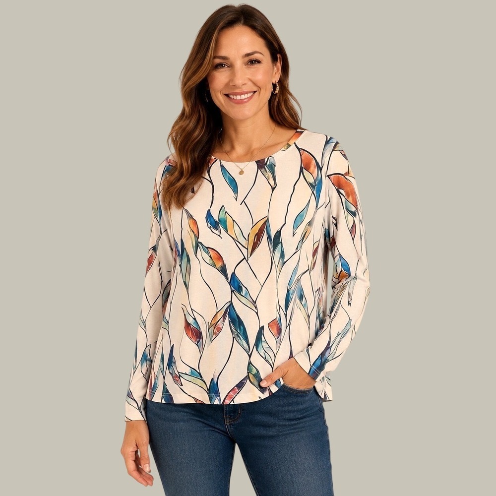 Womens Multicolor Abstract Leaf Print Long Sleeve Crew Neck Top Size L
